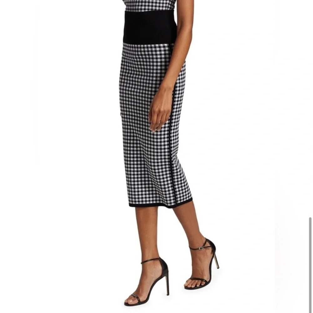 Michael Kors Collection Gingham Knit Pencil Midi Skirt Italian Yarn Black White